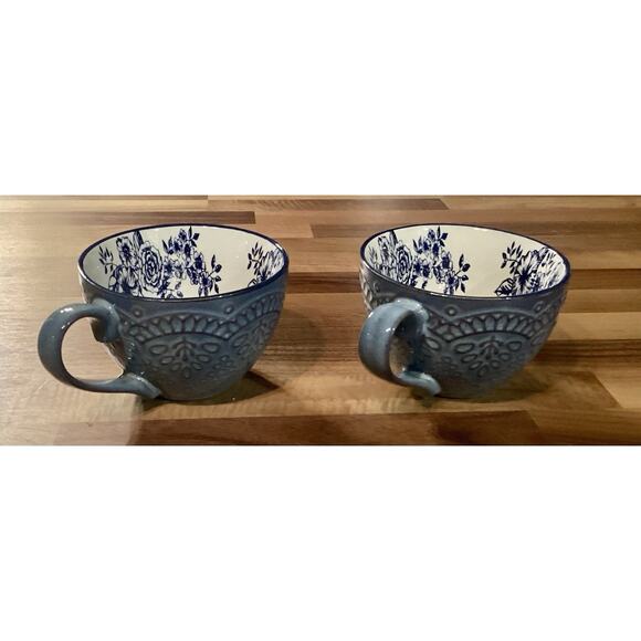 Gabriela Blue Pfaltzgraff 2 Coffee Cups Blue Flowers inside Raised Design - Picture 8 of 10